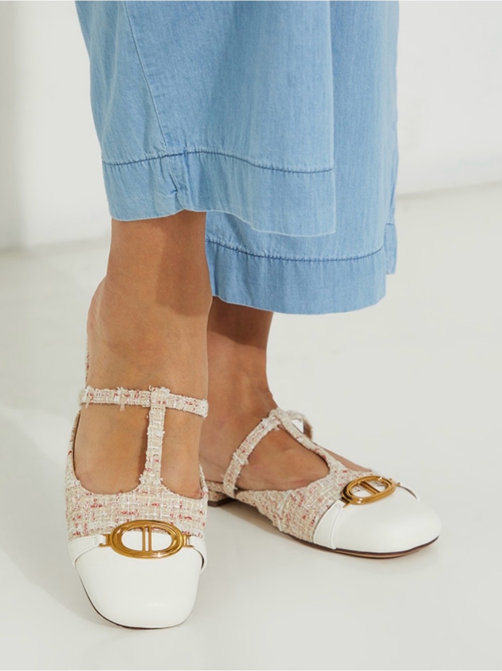 Charles & Keith Cream Metallic Accent Cut-Out Tweed Flat Mules (Never worn)